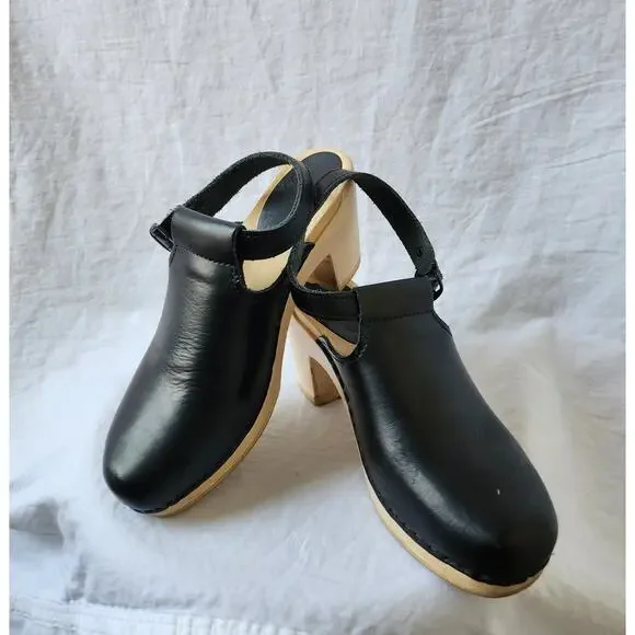 Sven Black Leather Wooden Heel Clogs US 9.5 - Custom Made - Picture 2 of 13